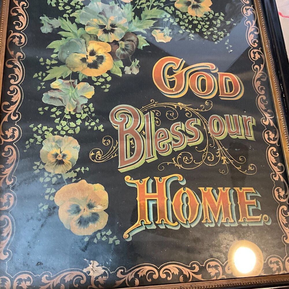 Incredible Antique God Bless Our Home Framed Print, flowers black frame - Picture 5 of 9